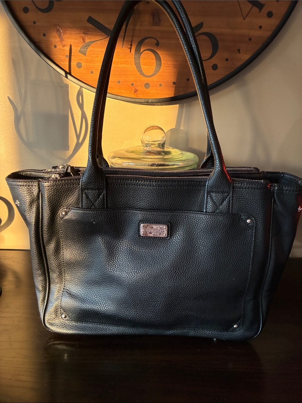 Nine West Black Pebbled Faux Leather Tote with Front Slip Pocket